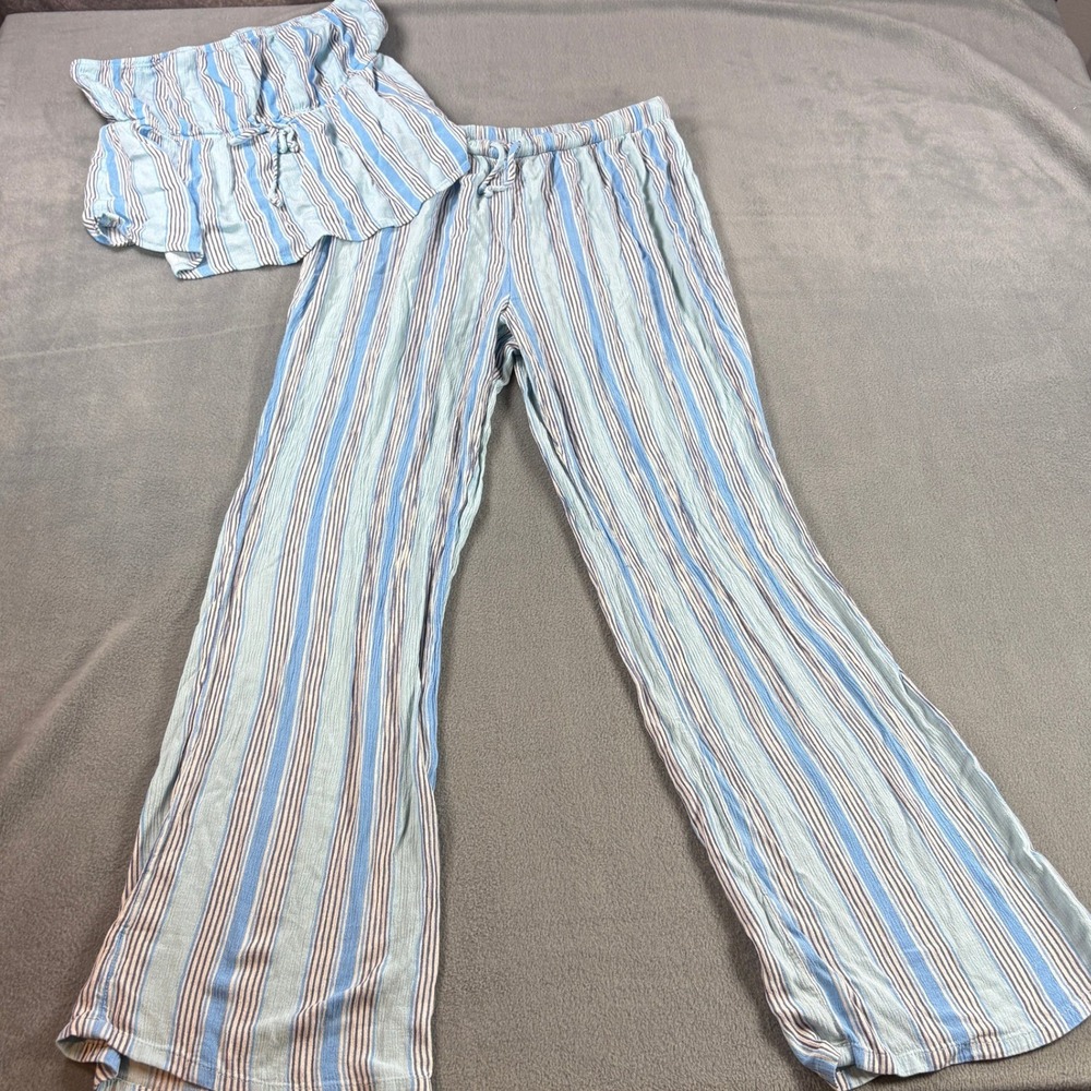 No Boundaries Blue Striped 2 Piece Set Strapless Tube Top and Wide Leg Pants M